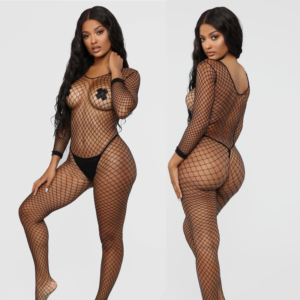 Noir Veil Long-Sleeve Mesh Bodysuit